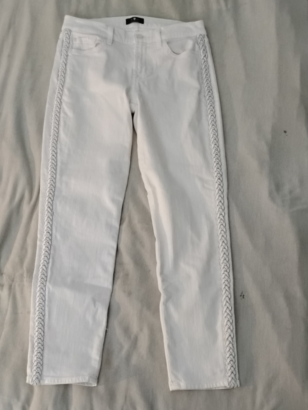 7 For All Mankind White Skinny Jeans with Braided Side Trim